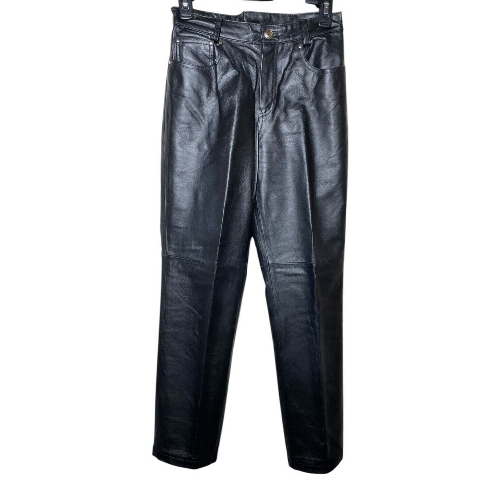Vtg Newport News Leather Pants Women 6P Black Lined Biker Motor Rock Straight